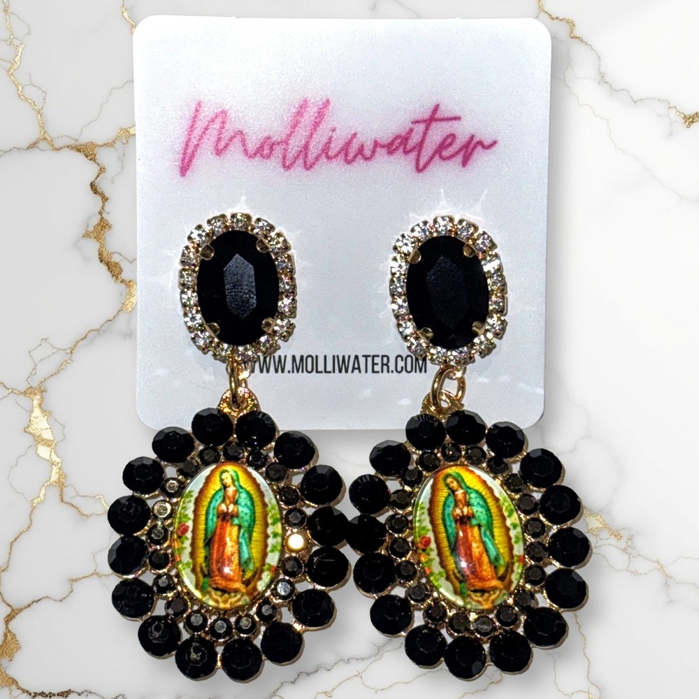 New Beautiful Virgin Mary Rhinestone Black Dangle Earrings Virgen de Guadalupe